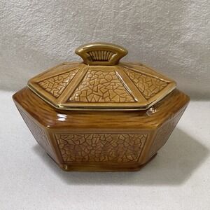 Maurice‎ Of Calif Vntg Pottery Covered Dish Brown Amber Mosaic Drip Glaze LW 933